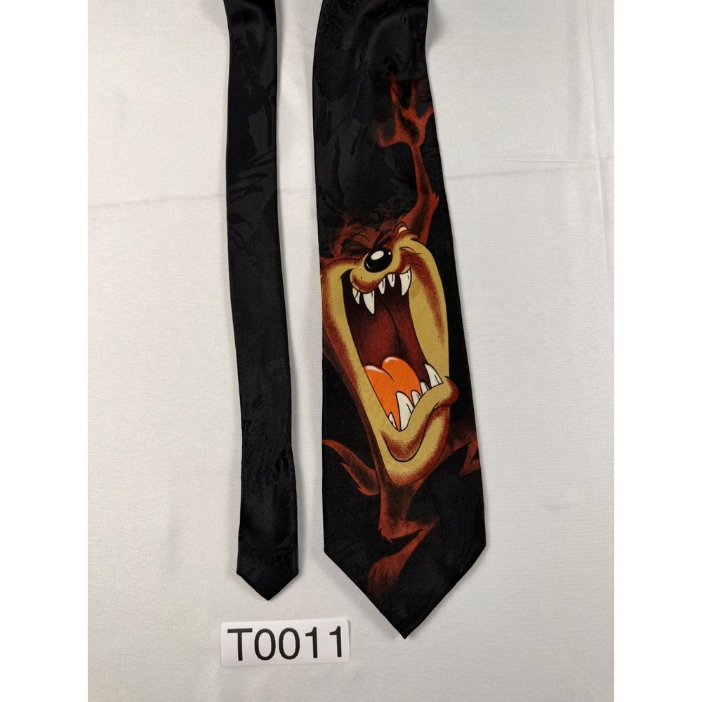Vintage 1995 Looney Tunes Mania Taz Tasmanian Devil Black Silk Look Necktie 60in